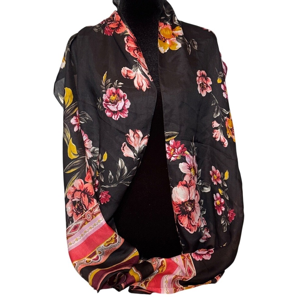 Max Studio Womens Black Pink Floral 100% Silk Rectangular Scarf Geometric Border